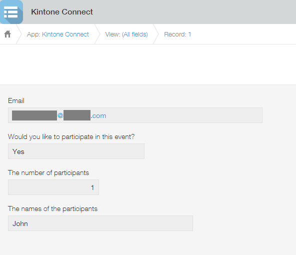 Screenshot: The response data from the Google Form is added to the Kintone App.