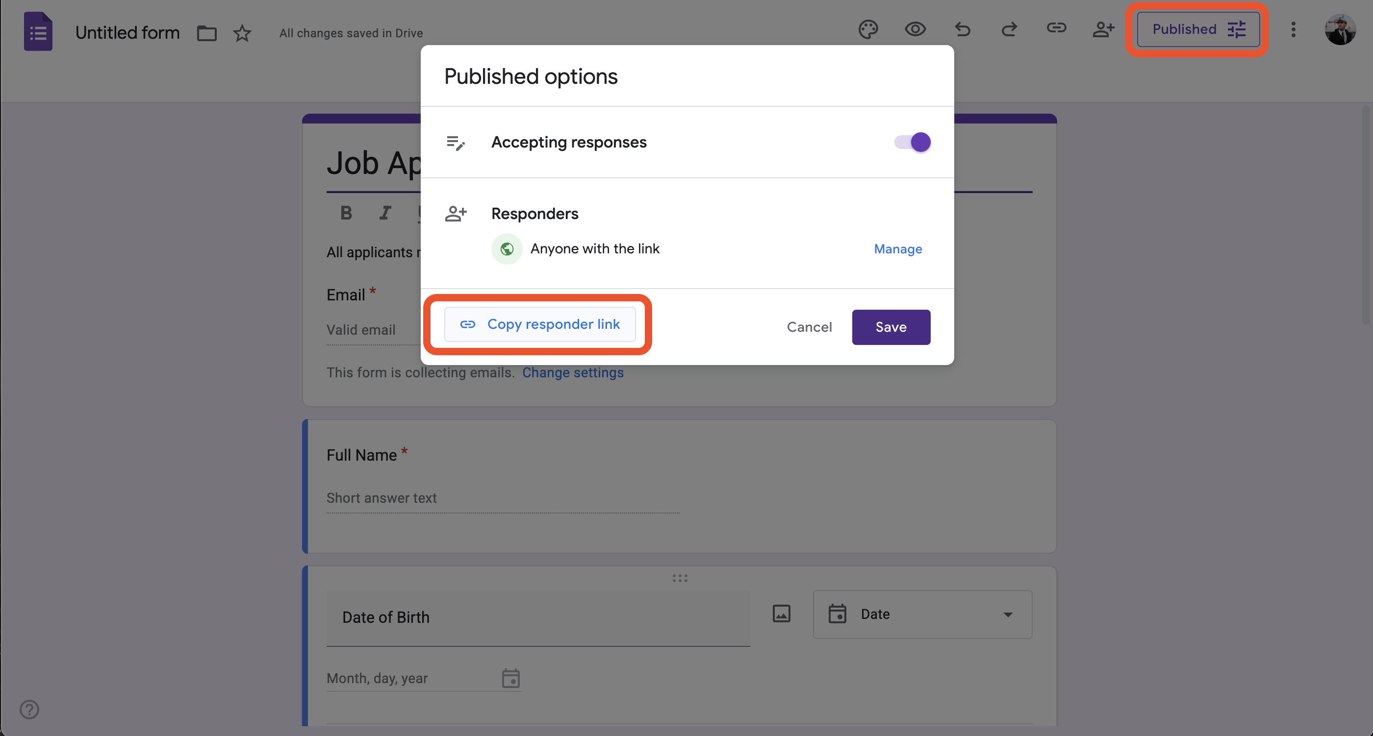 Screenshot: User selects published options button.