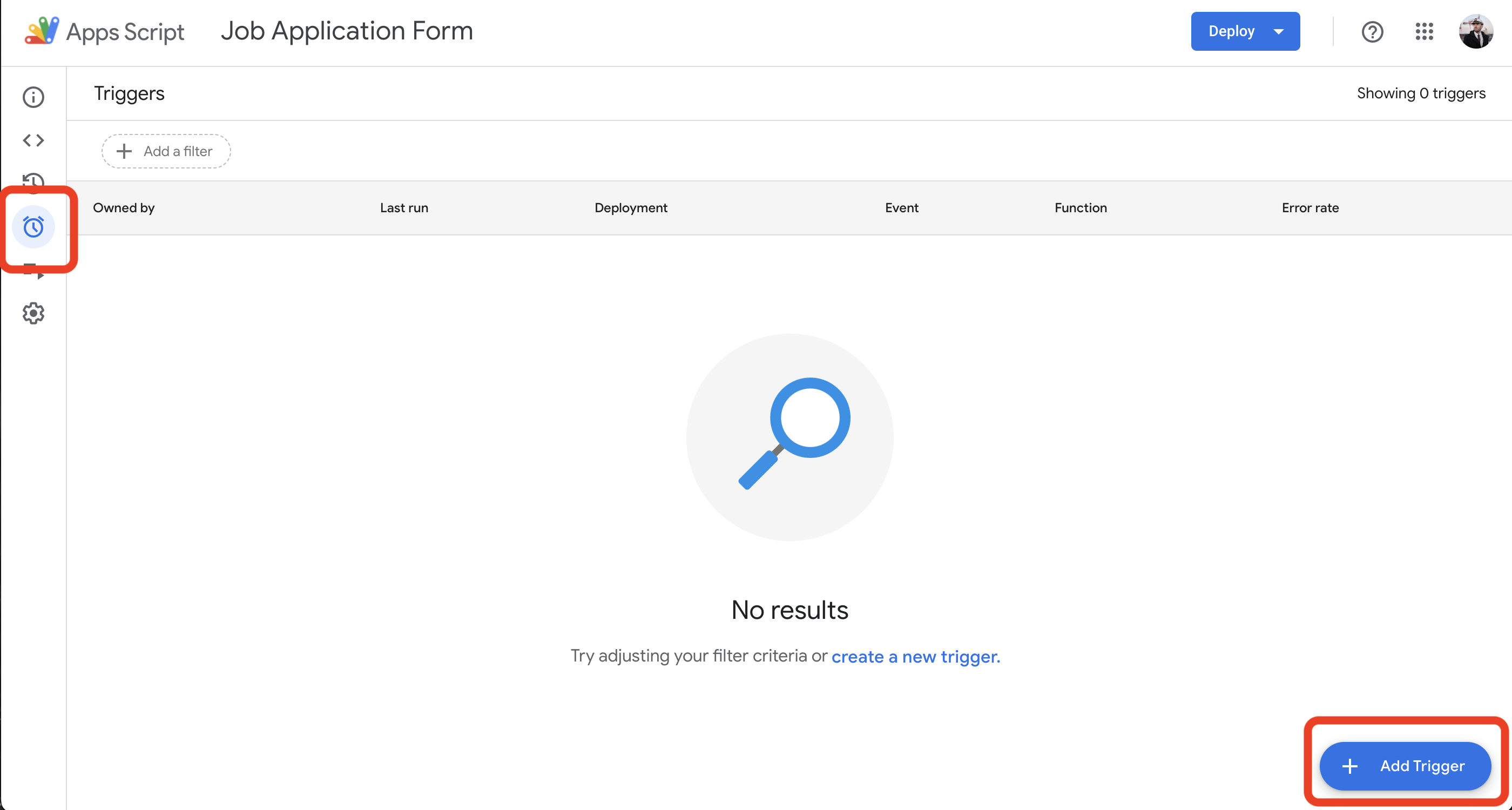 Screenshot: User selects Triggers from the Edit menu.