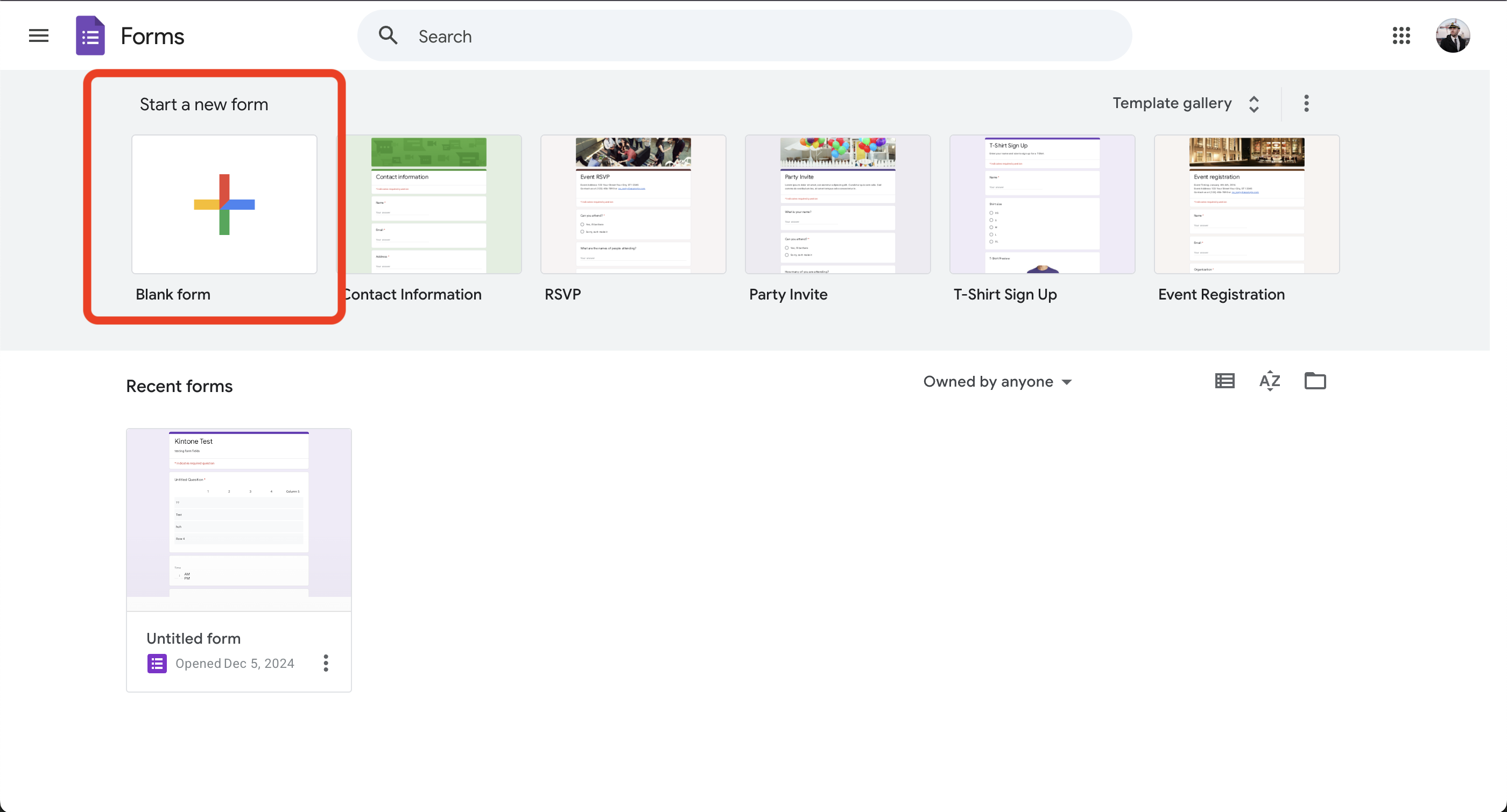 Screenshot: User clicks the + button under Start a new form.
