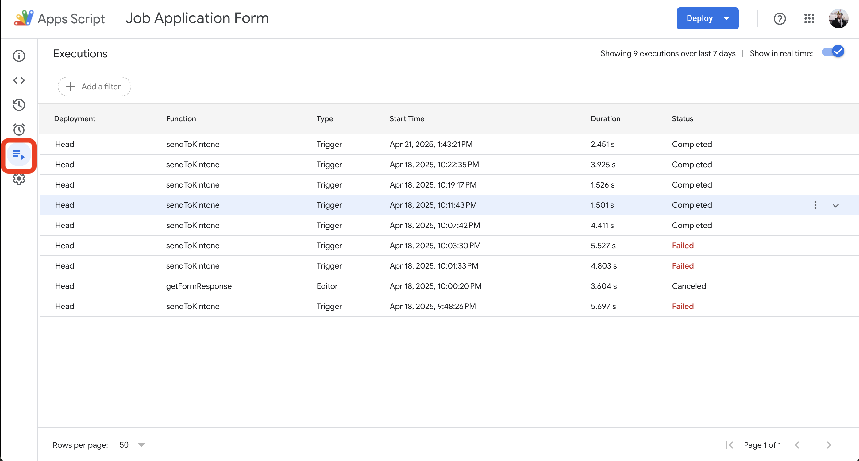 Screenshot: The Executions log of the Apps Script.