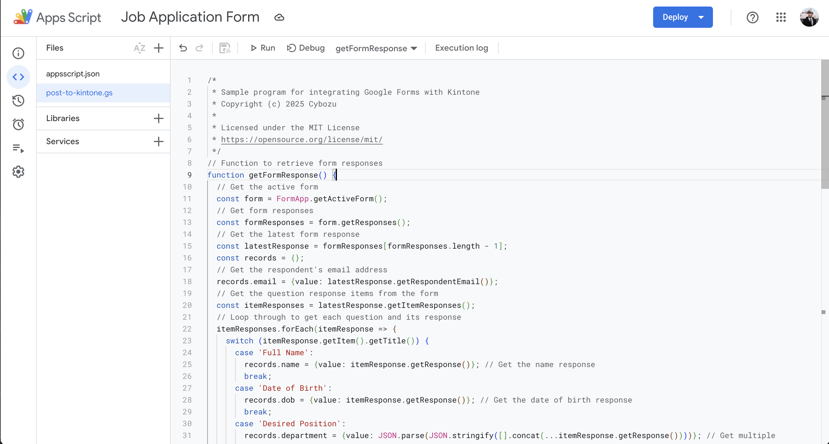 Screenshot: Code pasted into the App Script code editor.