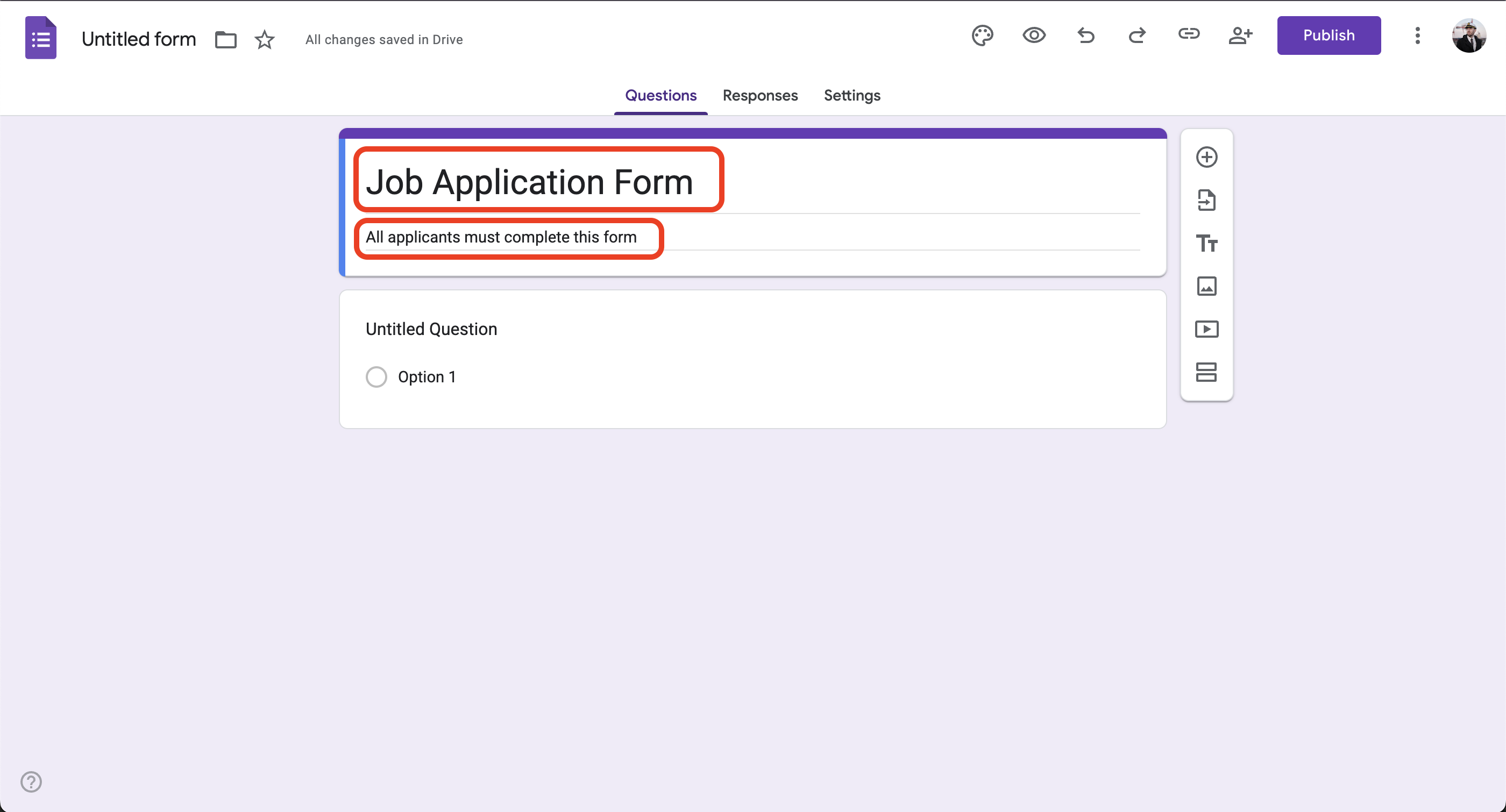 Screenshot: User enters a title and description for the form.