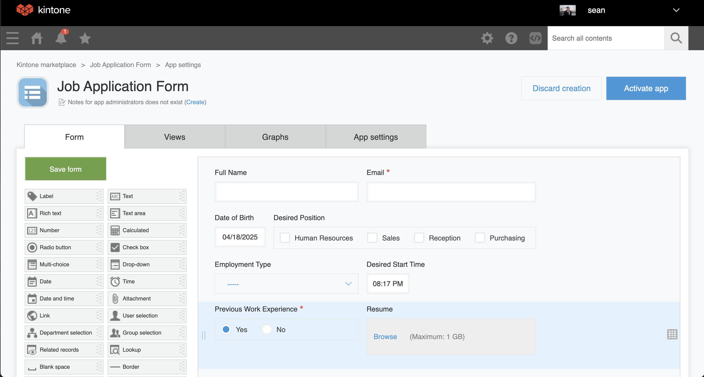 Screenshot: A Kintone App with similar fields to the questions placed in the Google Form.
