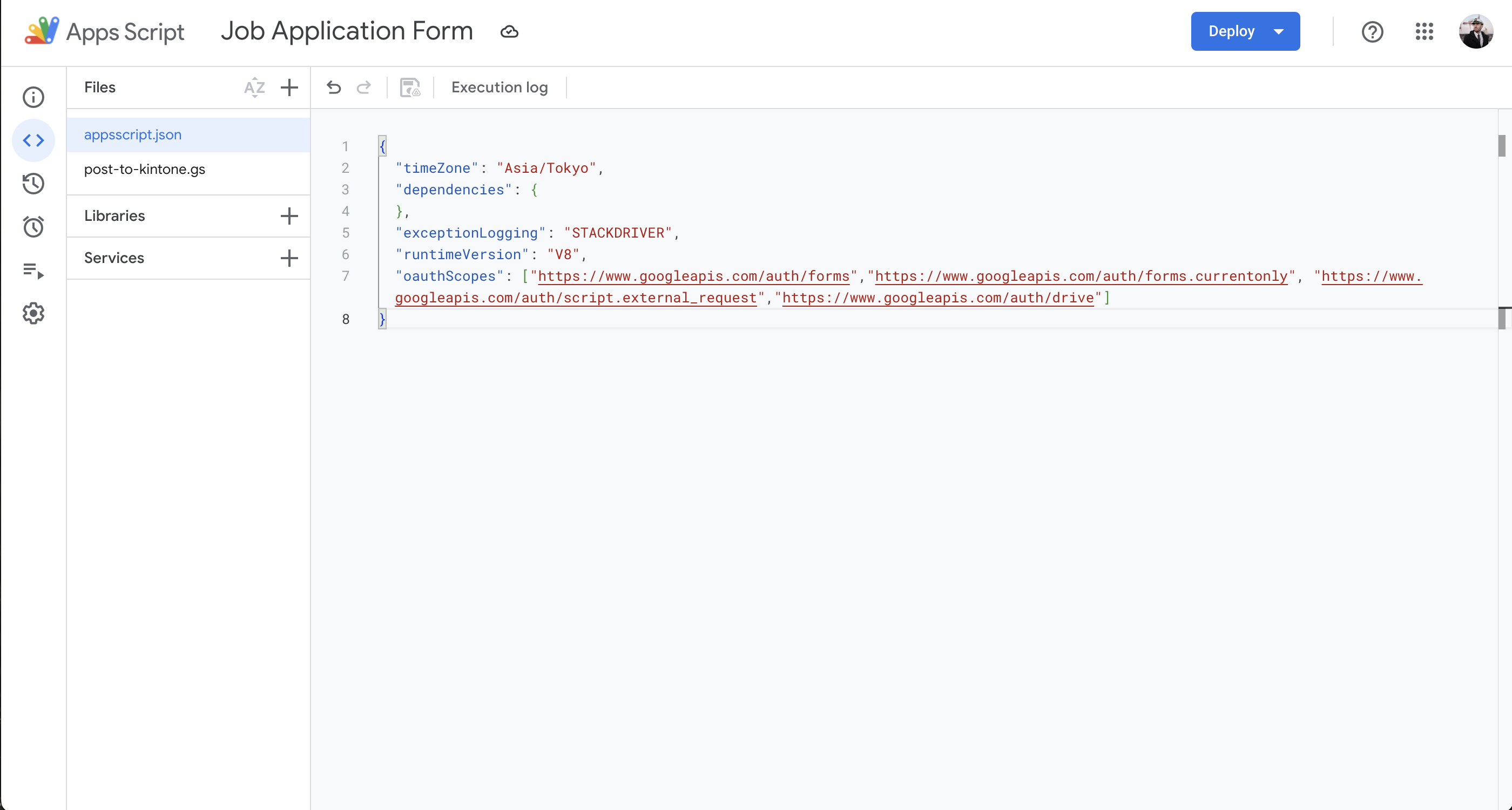 Screenshot: The Script editor with the OAuth scopes added.