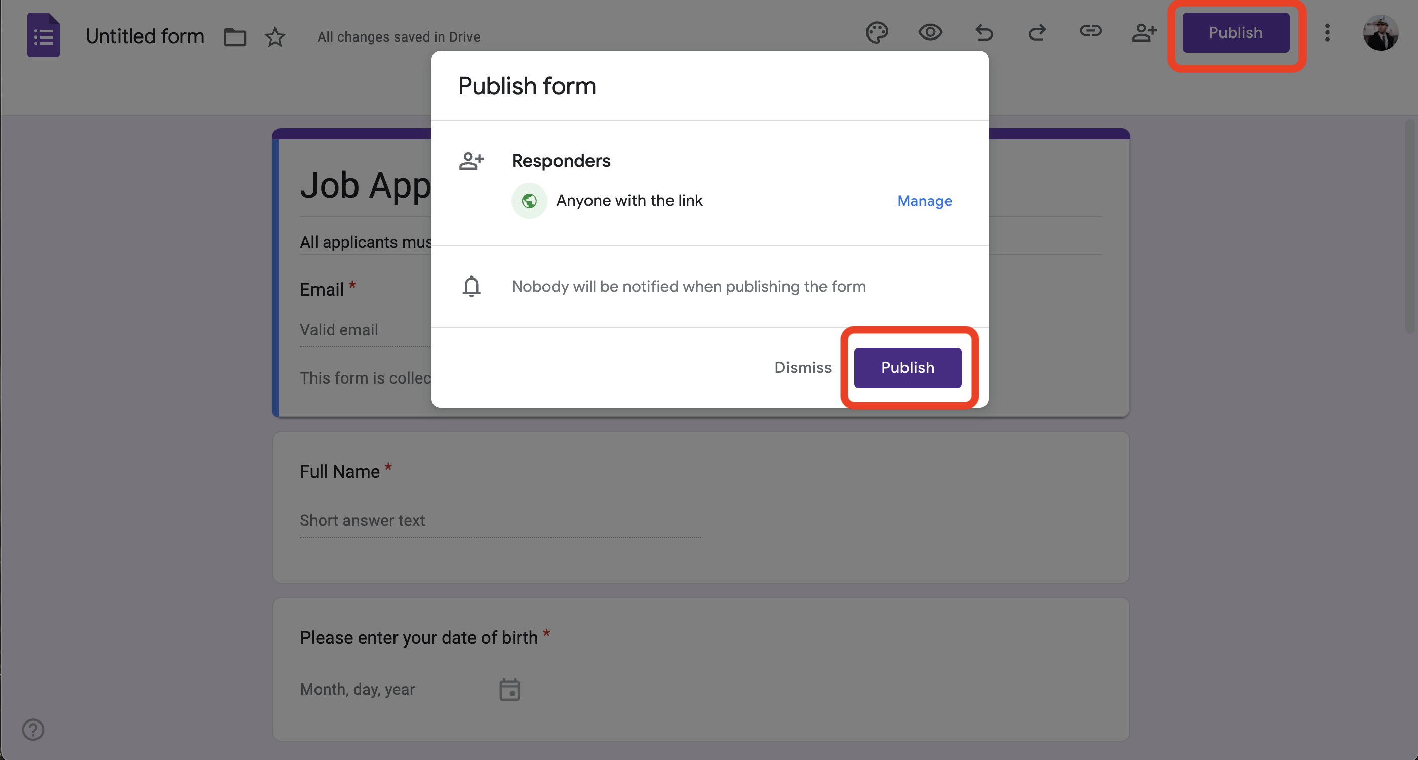 Screenshot: User publishes the Google Form.