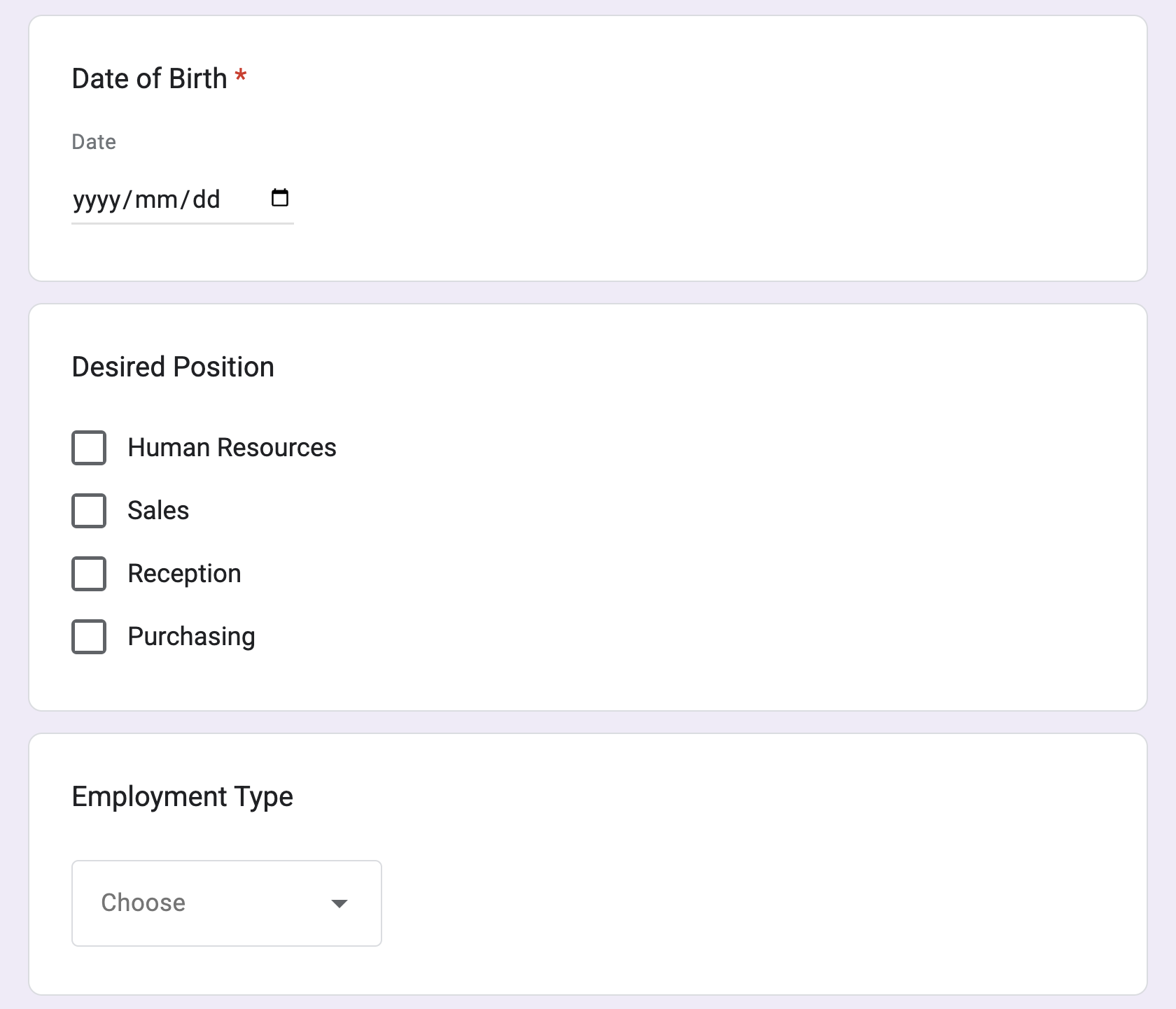 Screenshot: List of questions entered in the question field.