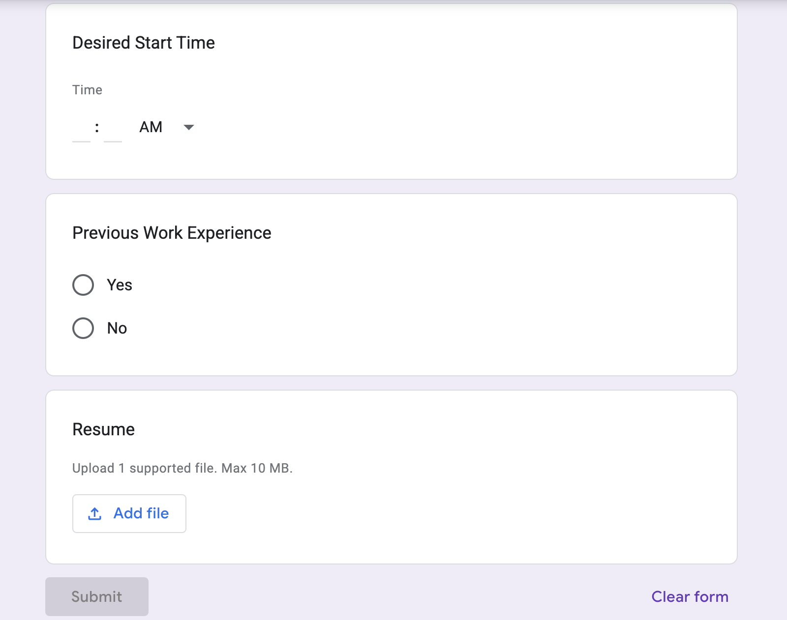 Screenshot: List of questions entered in the question field.