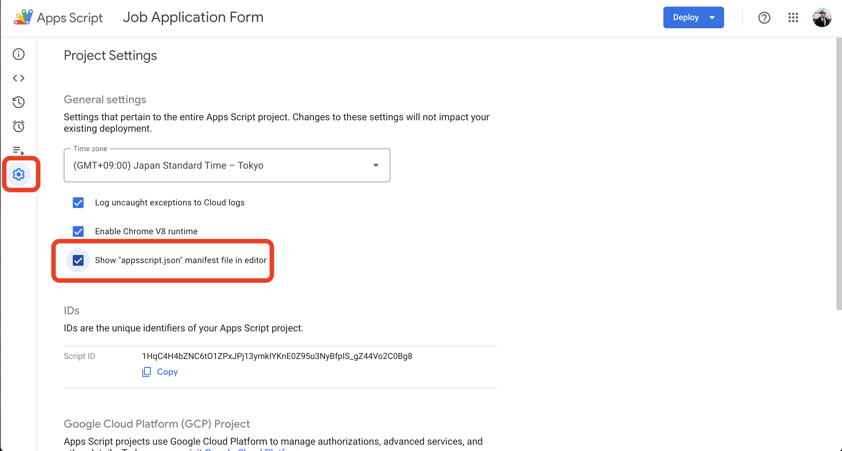 Screenshot: User enables the appscript.json file.