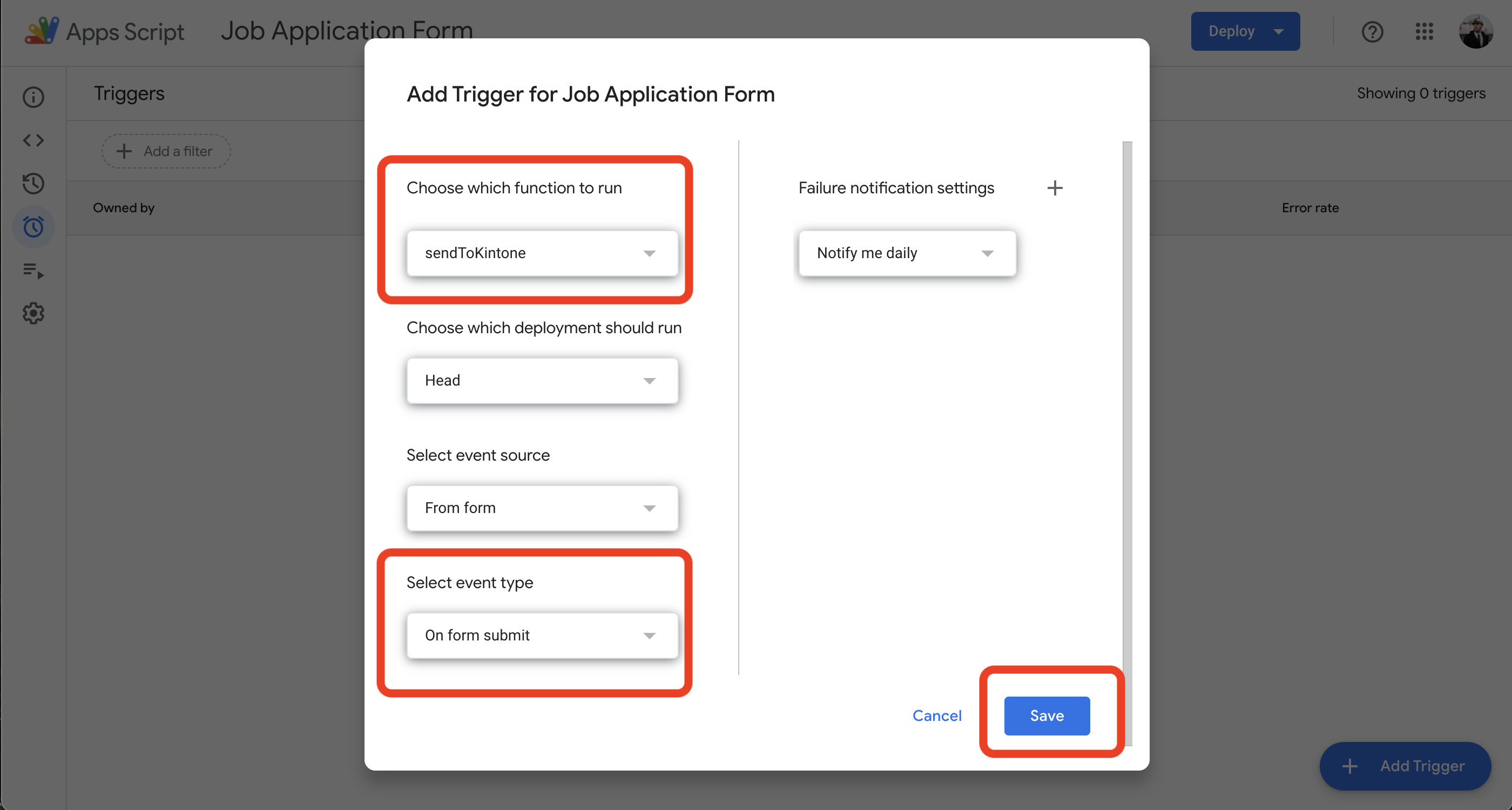 Screenshot: User selects a function to run when an event occurs in the Google Form.