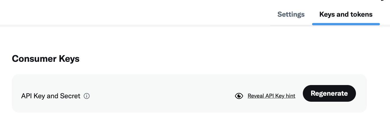 Screenshot: The API key and API secret key is displayed in the X settings.