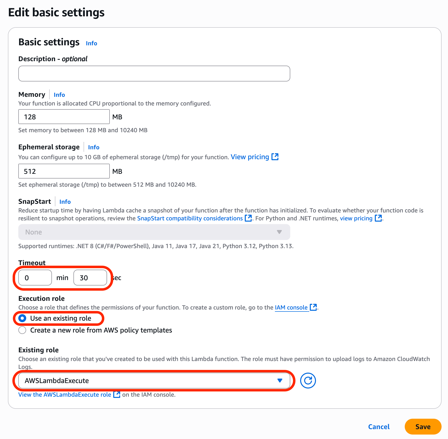 Screenshot: User checks the Timeout and Execution role values.