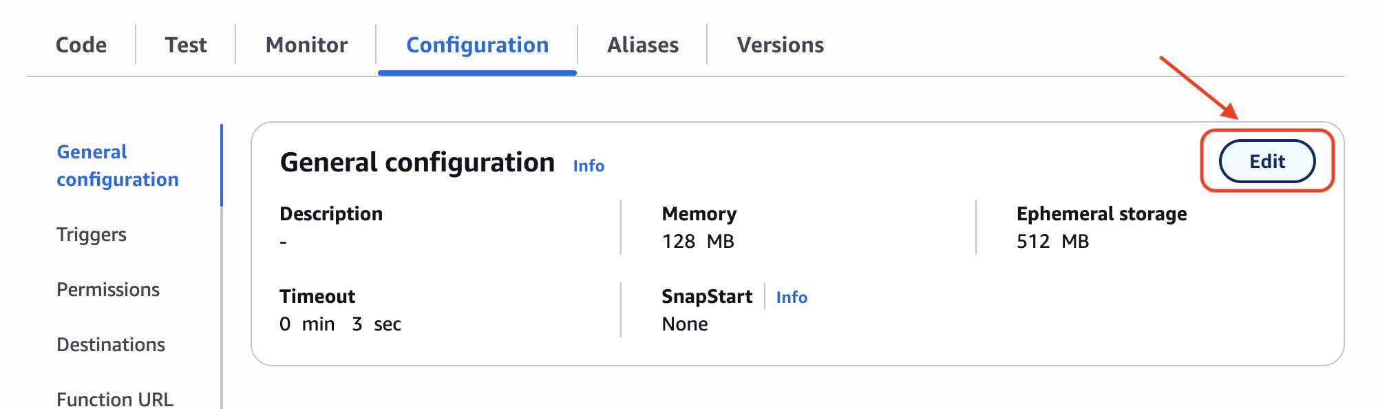 Screenshot: User navigates in AWS to General configuration and clicks on Edit.