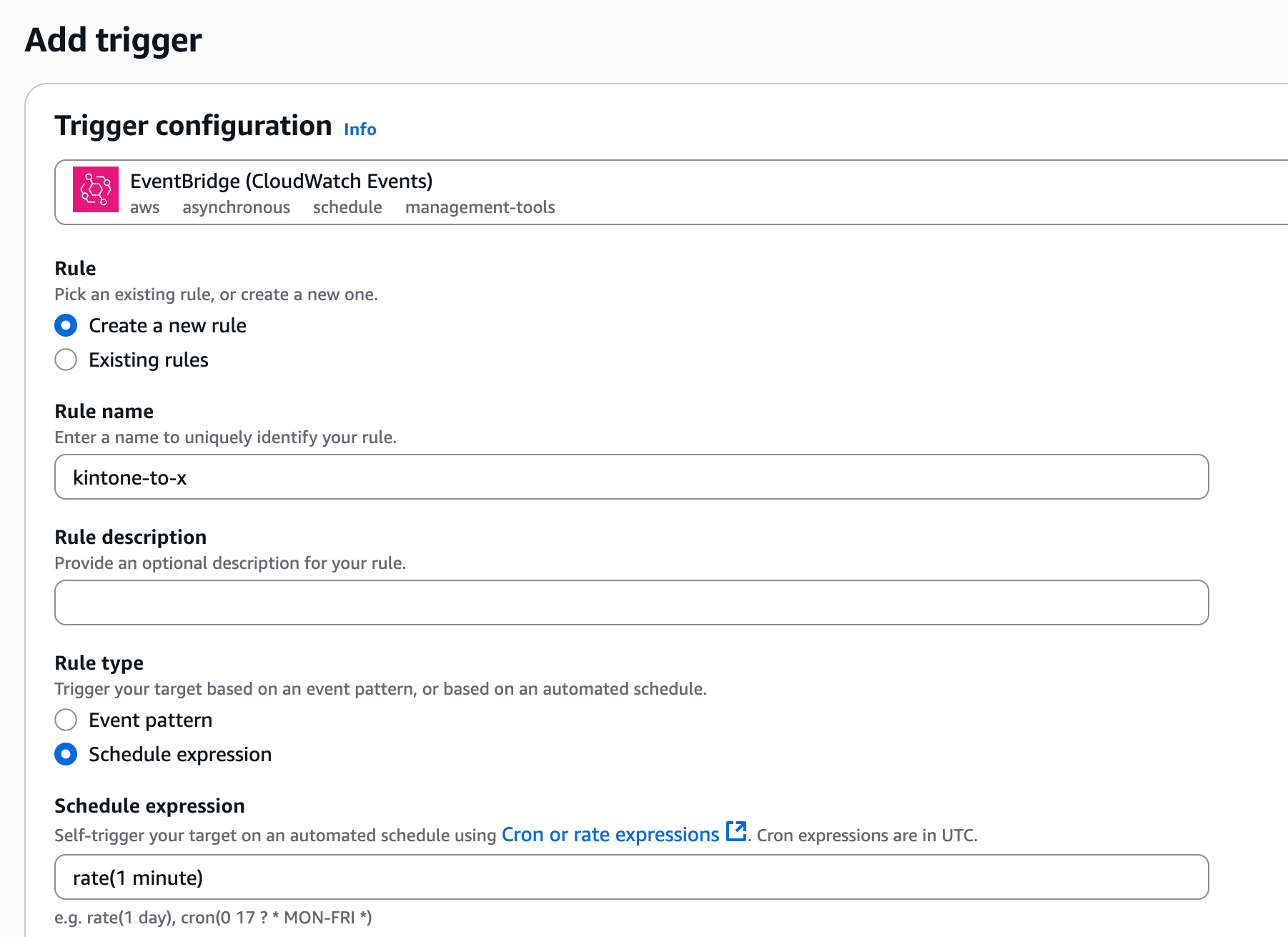 Screenshot: User selects EventBridge as the trigger in AWS.