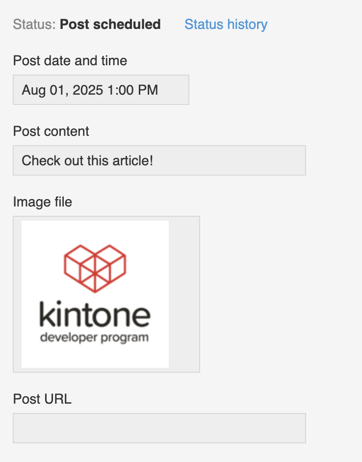 Screenshot: User proceeds the process management status to X post scheduled in the Kintone App.