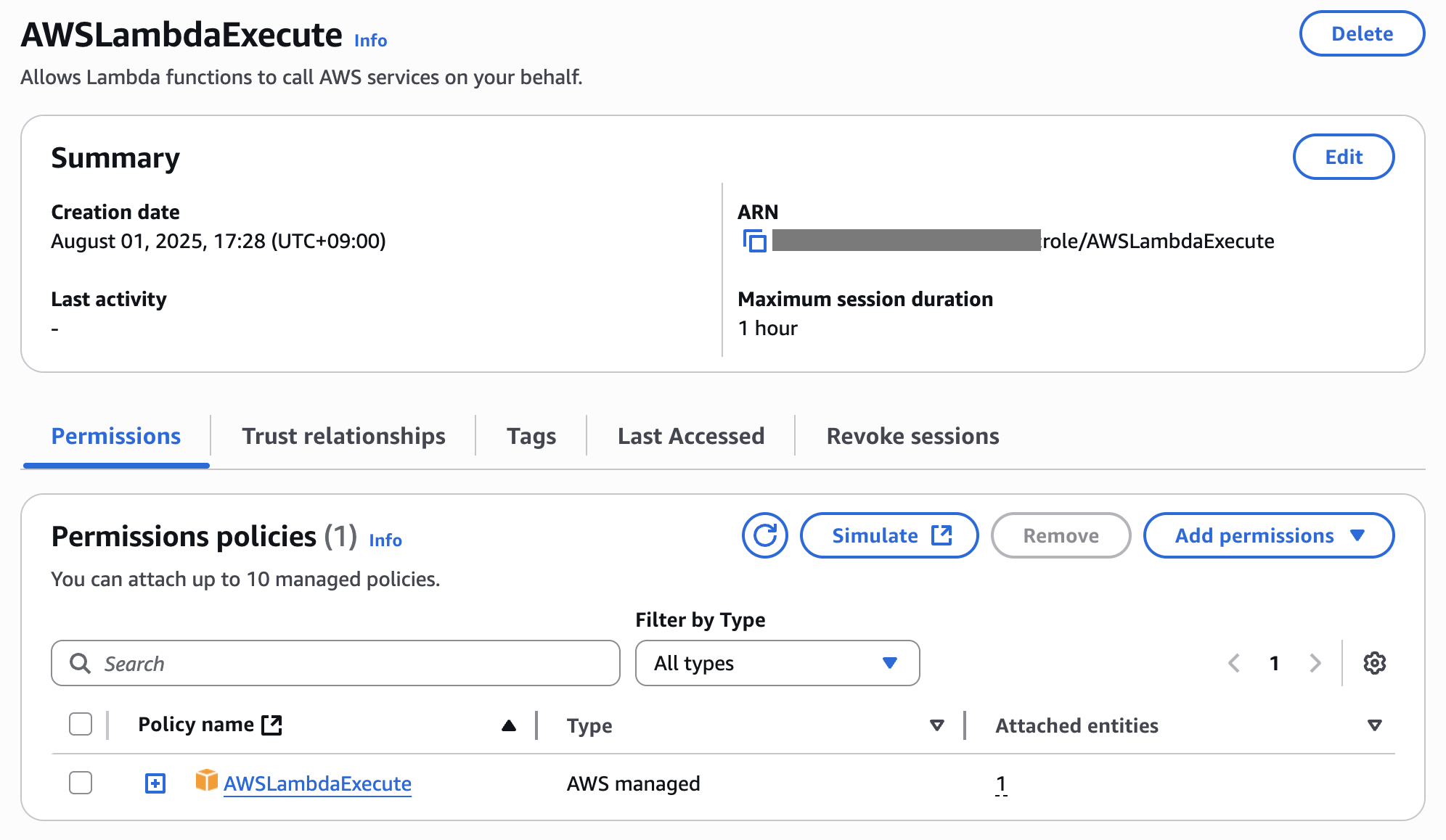 Screenshot: The AWSLambdaExecute role settings in AWS.
