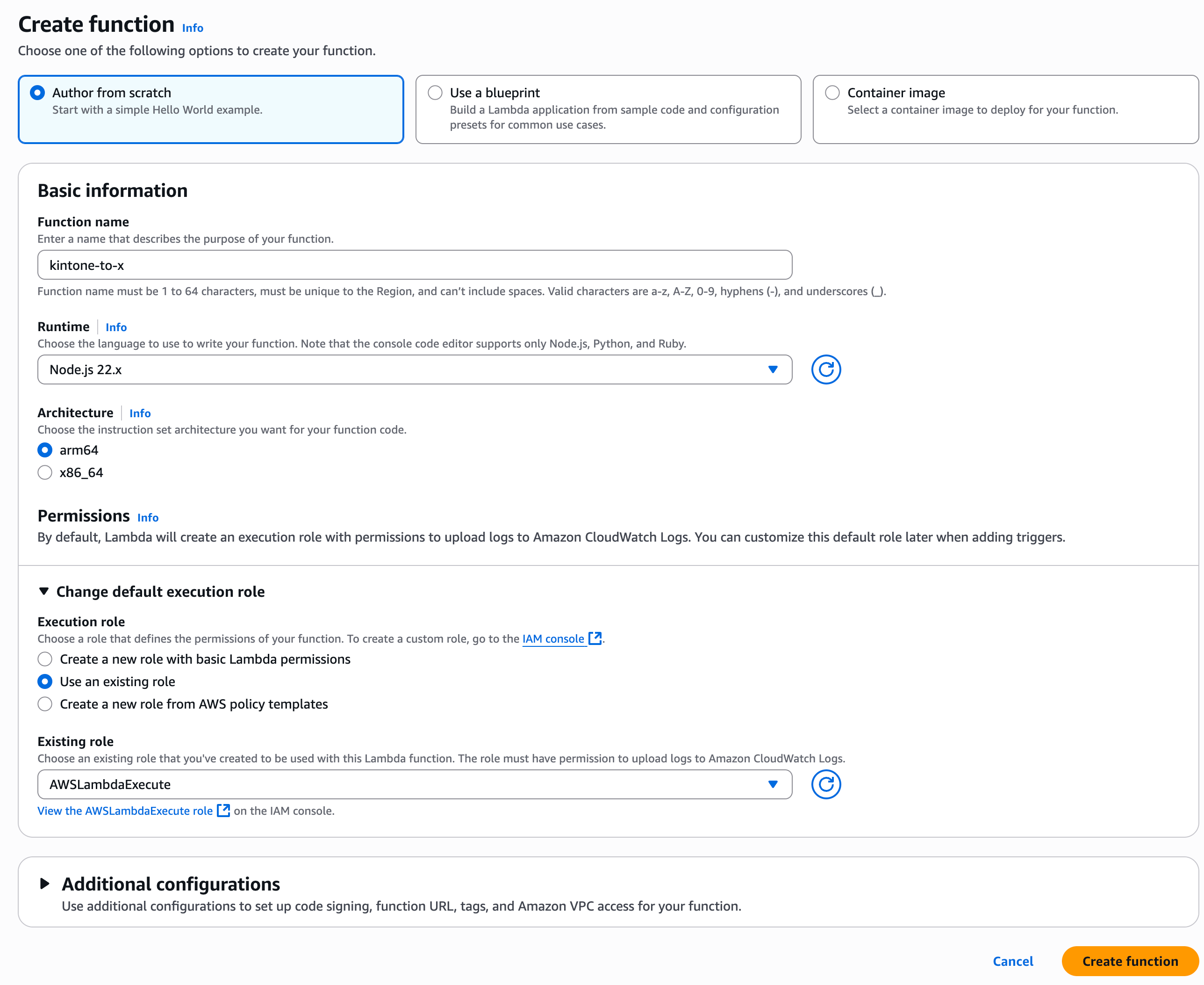 Screenshot: User chooses Author from scratch in AWS.