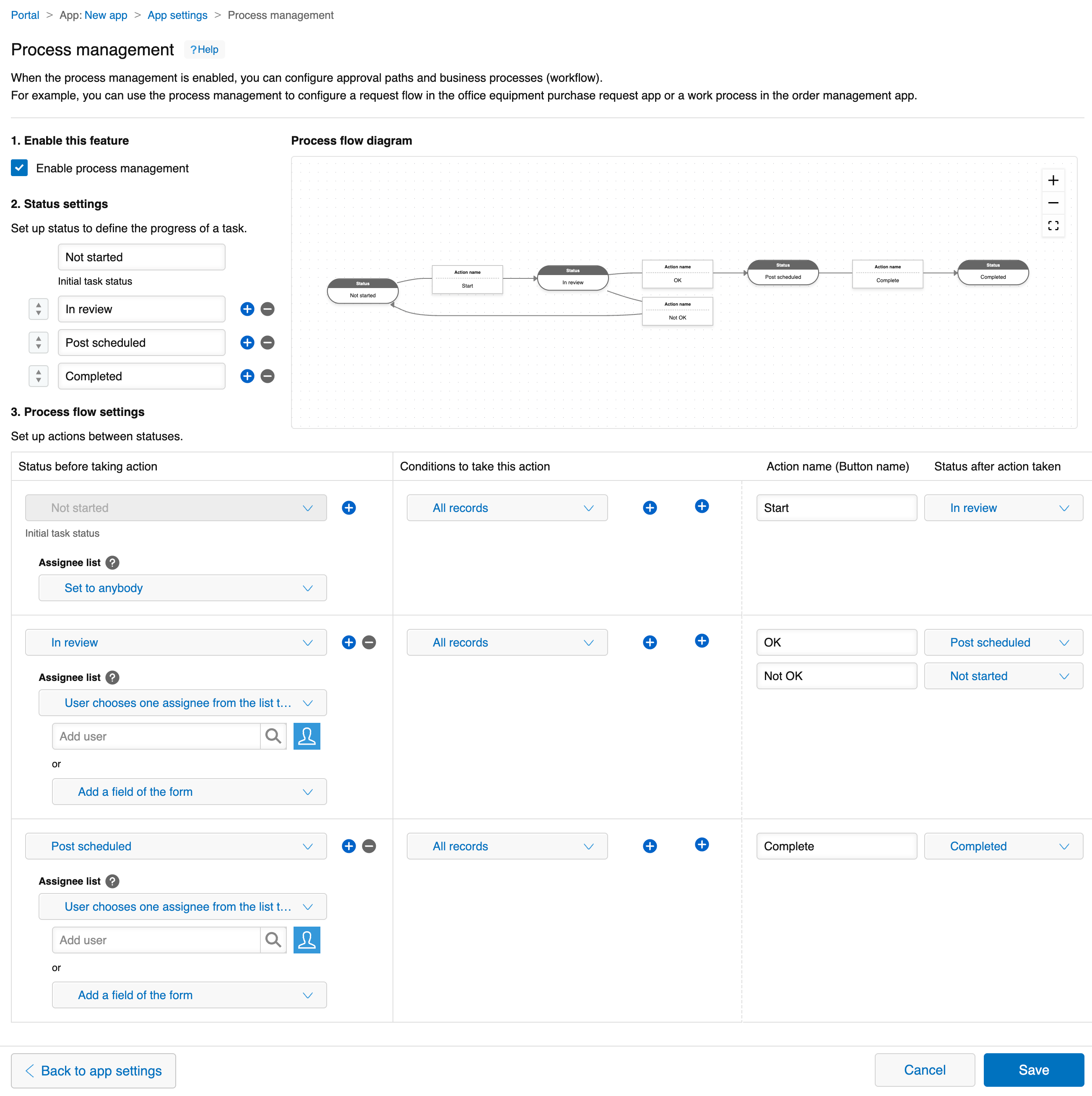Screenshot: The process management settings.