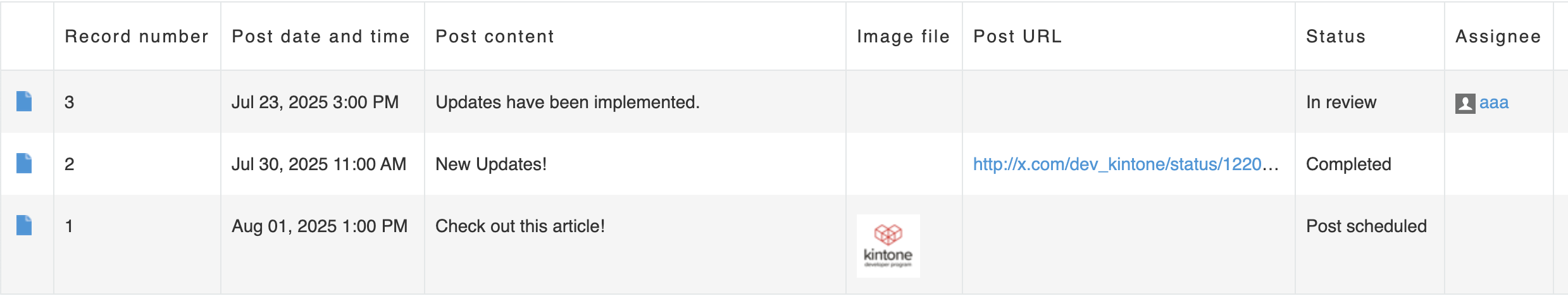 Screenshot: The Record List of the Kintone App, showing the list of X posts.