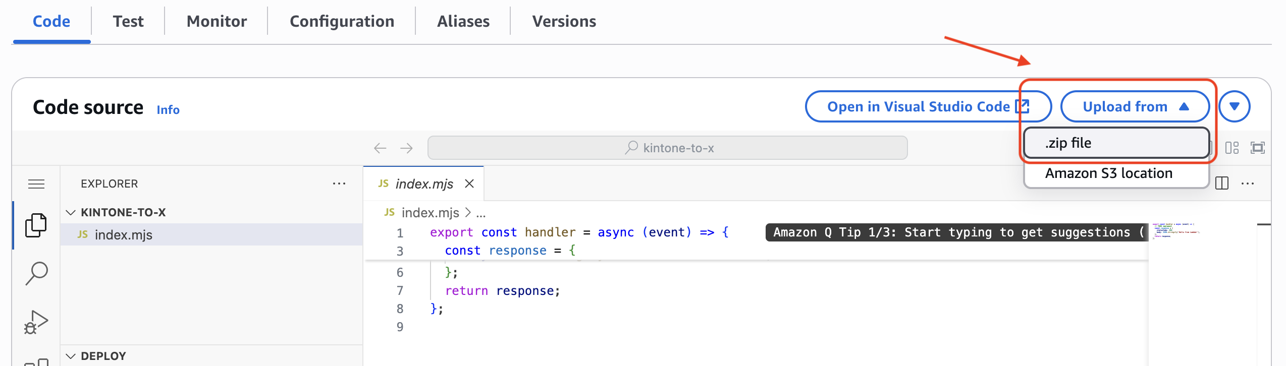 Screenshot: User clicks the kintone-to-x box and uploads a zip file to AWS.