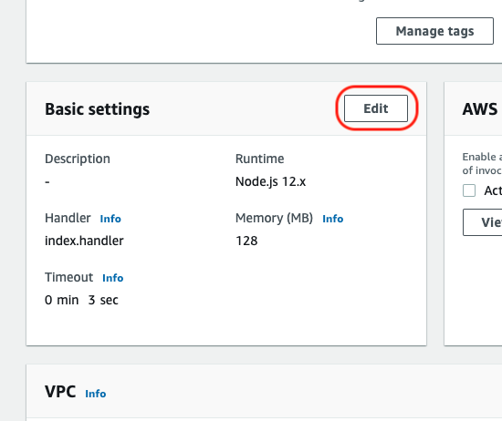 Screenshot: User navigates in AWS to Basic settings and clicks on Edit.