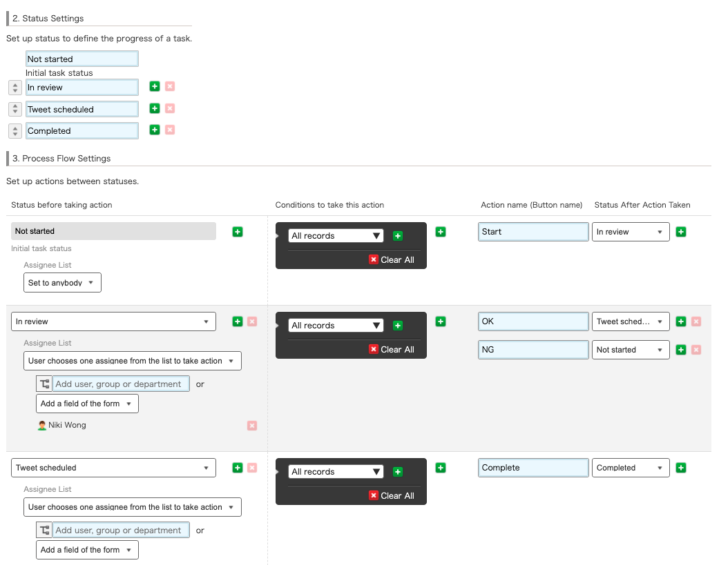 Screenshot: The process management Process Flow settings.