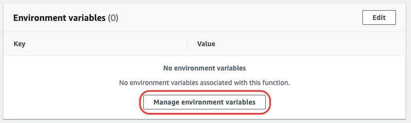 Screenshot: User clicks Manage enviroment variables in AWS.