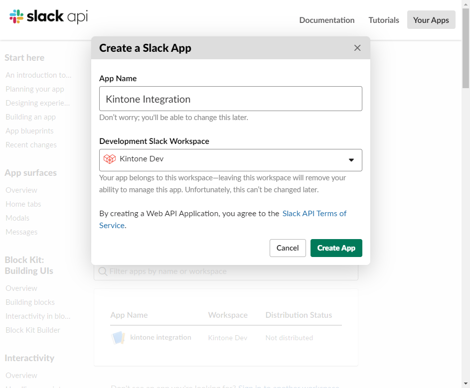 Screenshot: The options displayed for the Create a Slack App settings.