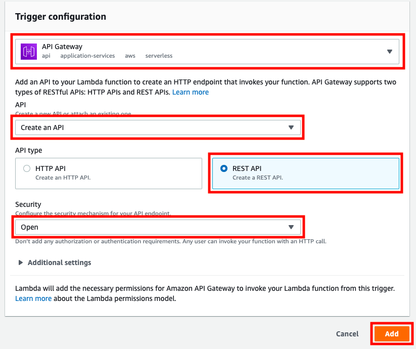 Screenshot: AWS settings for the Trigger configuration.