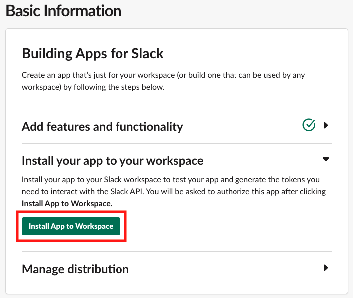 Screenshot: Slack options for installing an App to the workspace.
