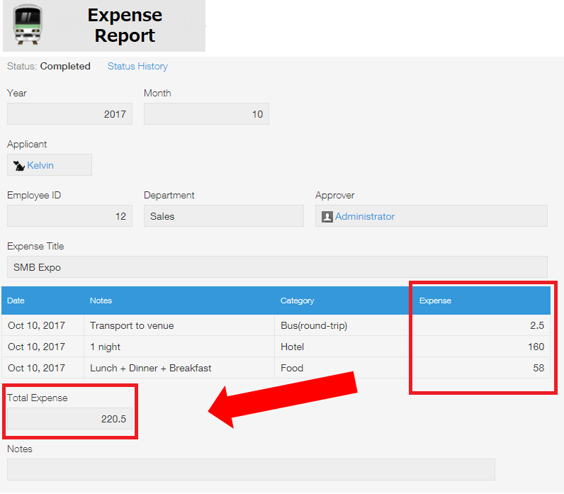 Screenshot: The Record Details page of a record in the Expense Report App, showing the calculated total expense.