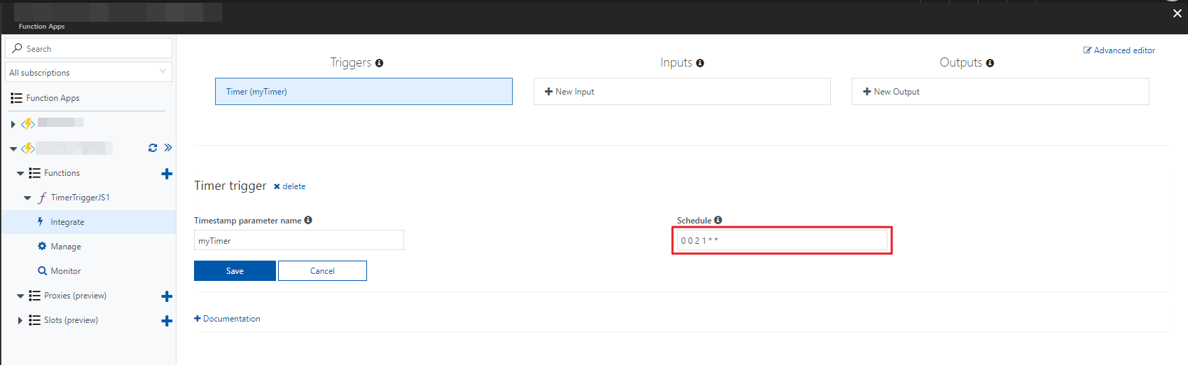 Screenshot: User sets up the scheduler usin g Cron expressions in the 'Schedule' field on Azure Functions.