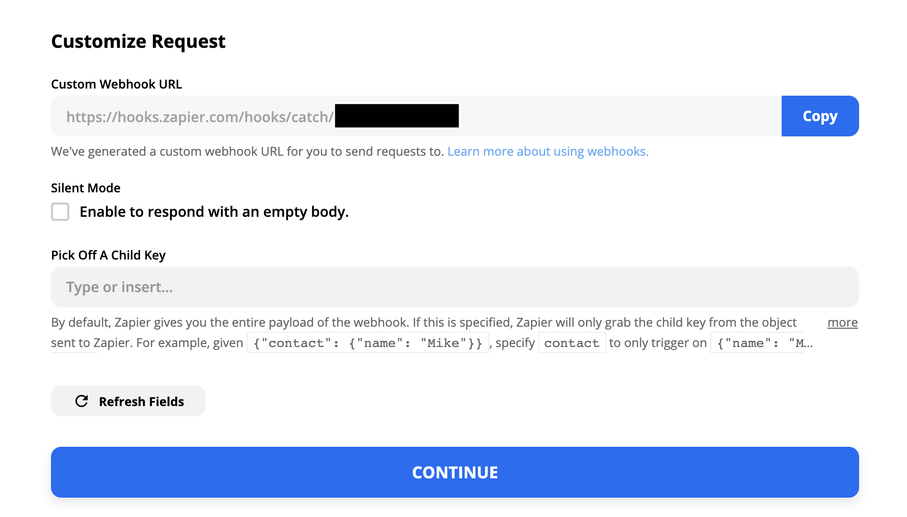 Screenshot: User copies Custom Webhook URL in Zapier.
