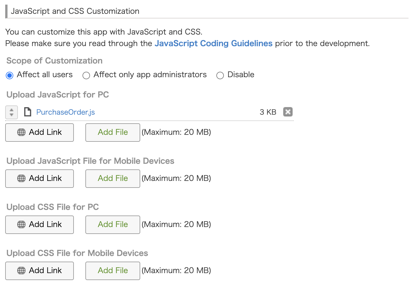 Screenshot: The necessary files have been uploaded on the JavaScript and CSS Customization page.