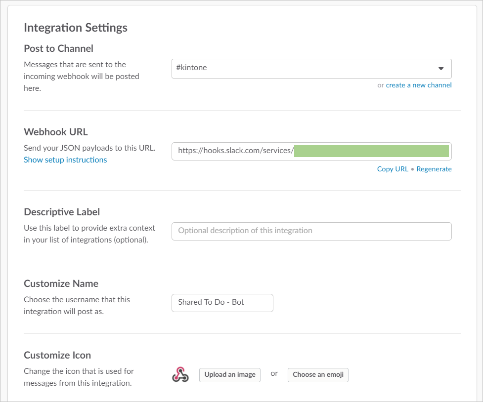 Screenshot: The Integration Settings page on the Slack platform.