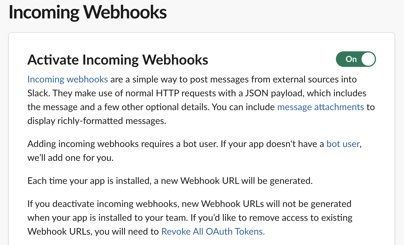 Screenshot: The Activate Webhook Toggle on the Slack platform.