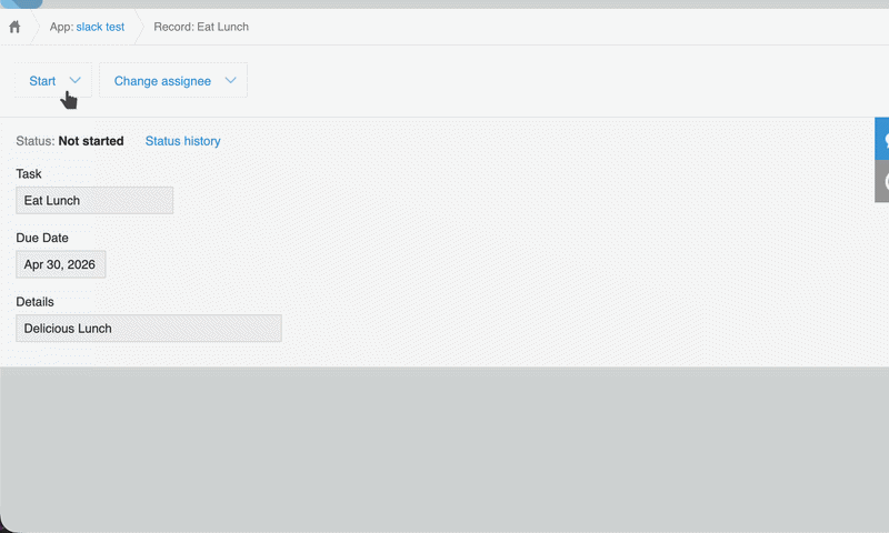 Animated GIF: The user proceeding the status of the record to Completed.