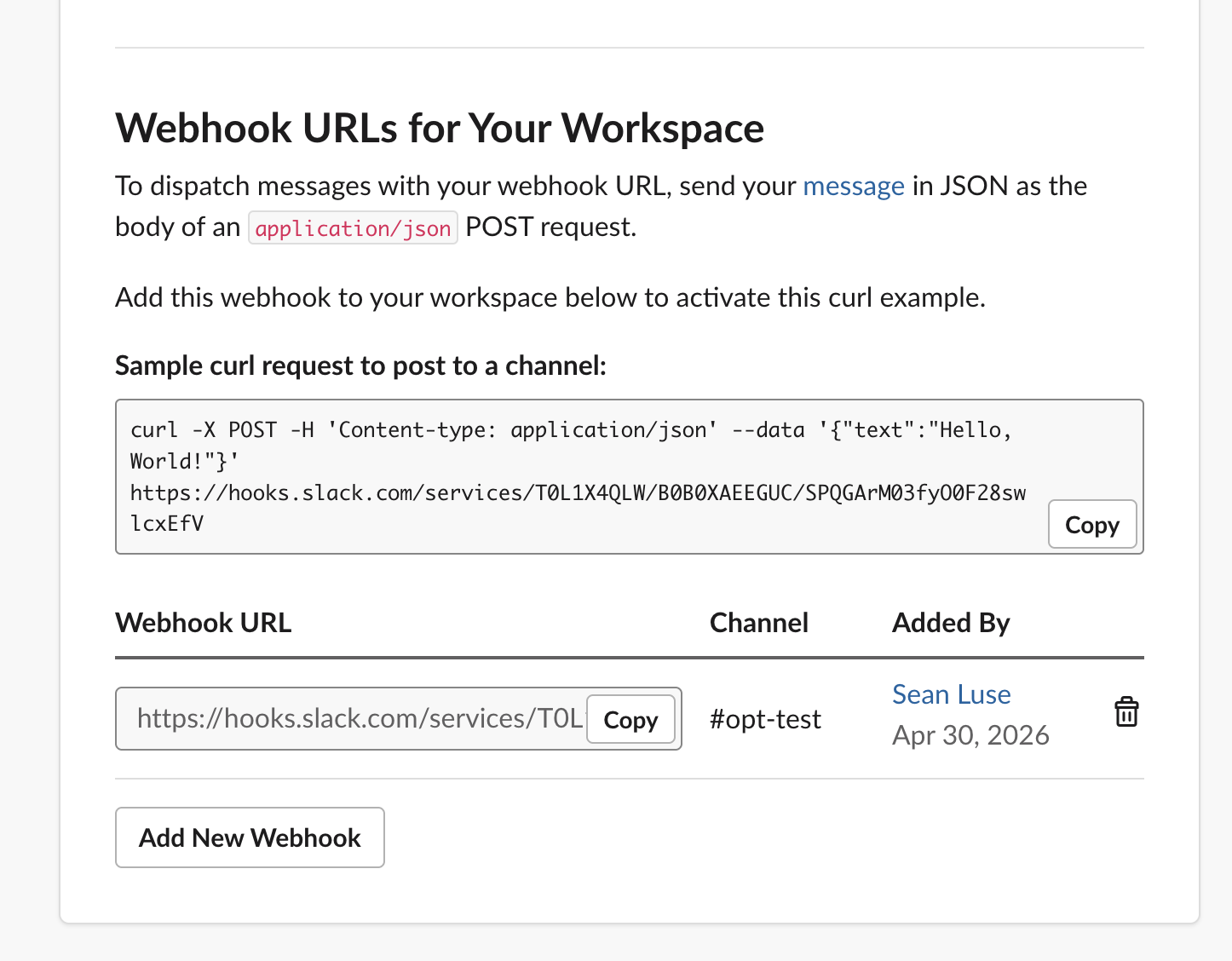 Screenshot: The Activate Webhook Toggle on the Slack platform.