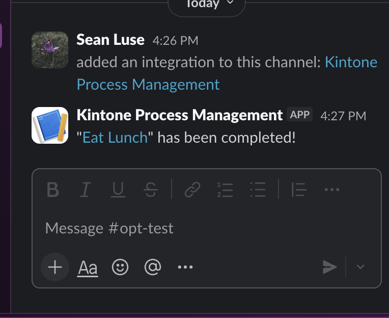 Screenshot: The Slack platform with a message posted from Kintone.