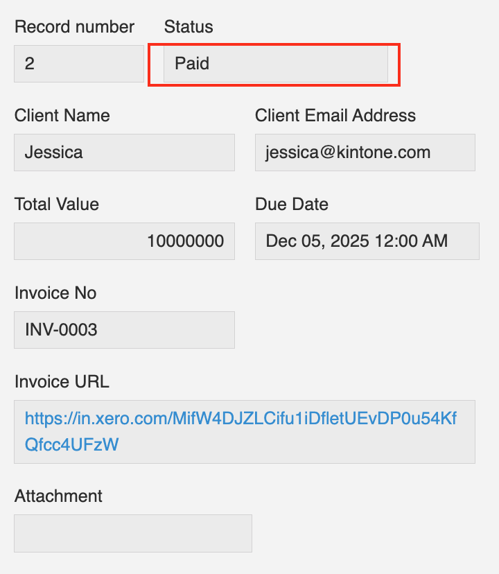 Screenshot: The updated Kintone record.