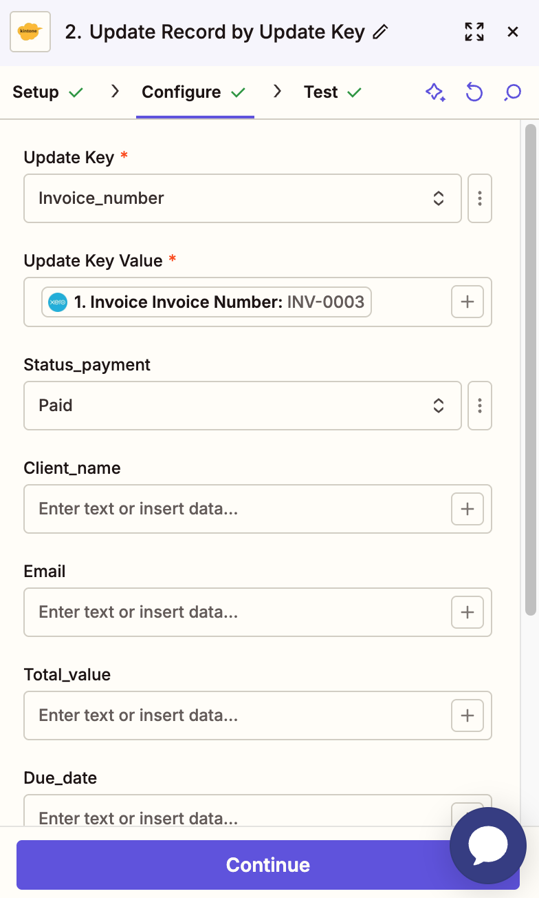 Screenshot: The Update Record by Update Key configure settings.