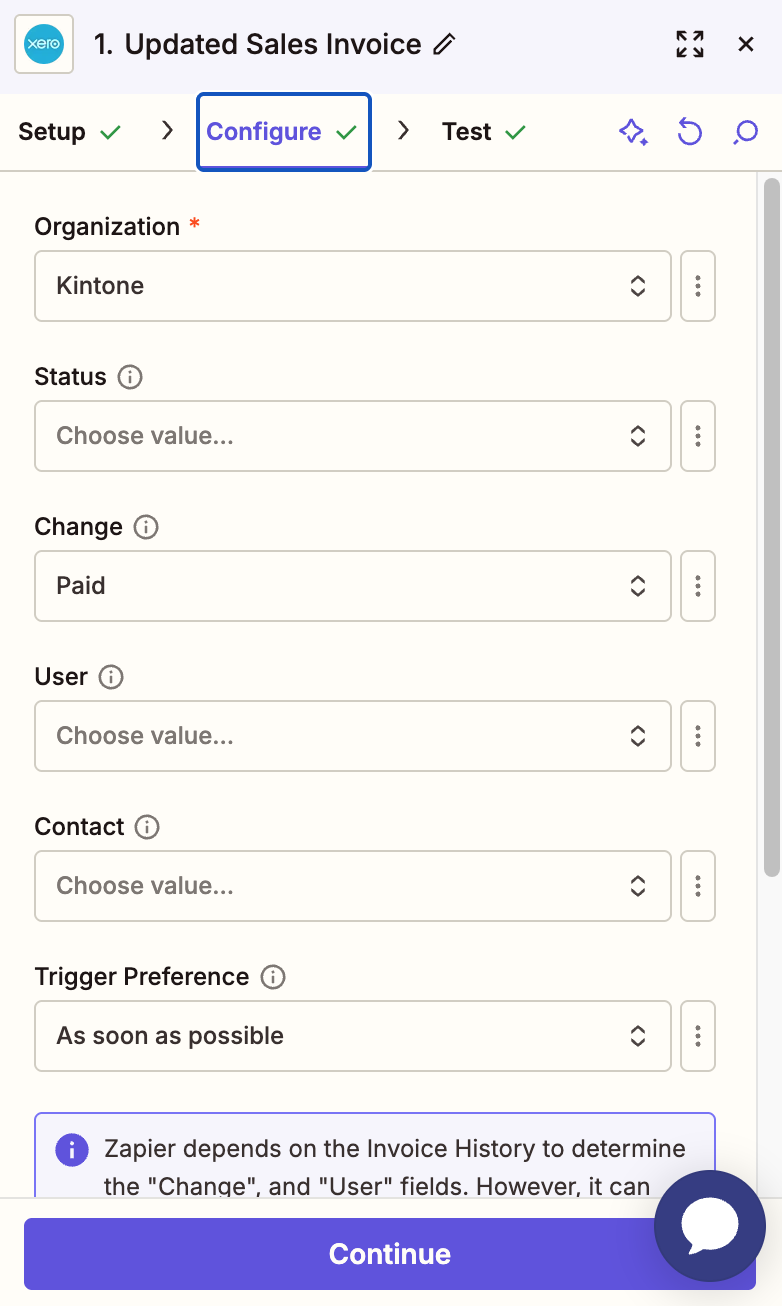 Screenshot: The Updated Sales Invoice configure settings.