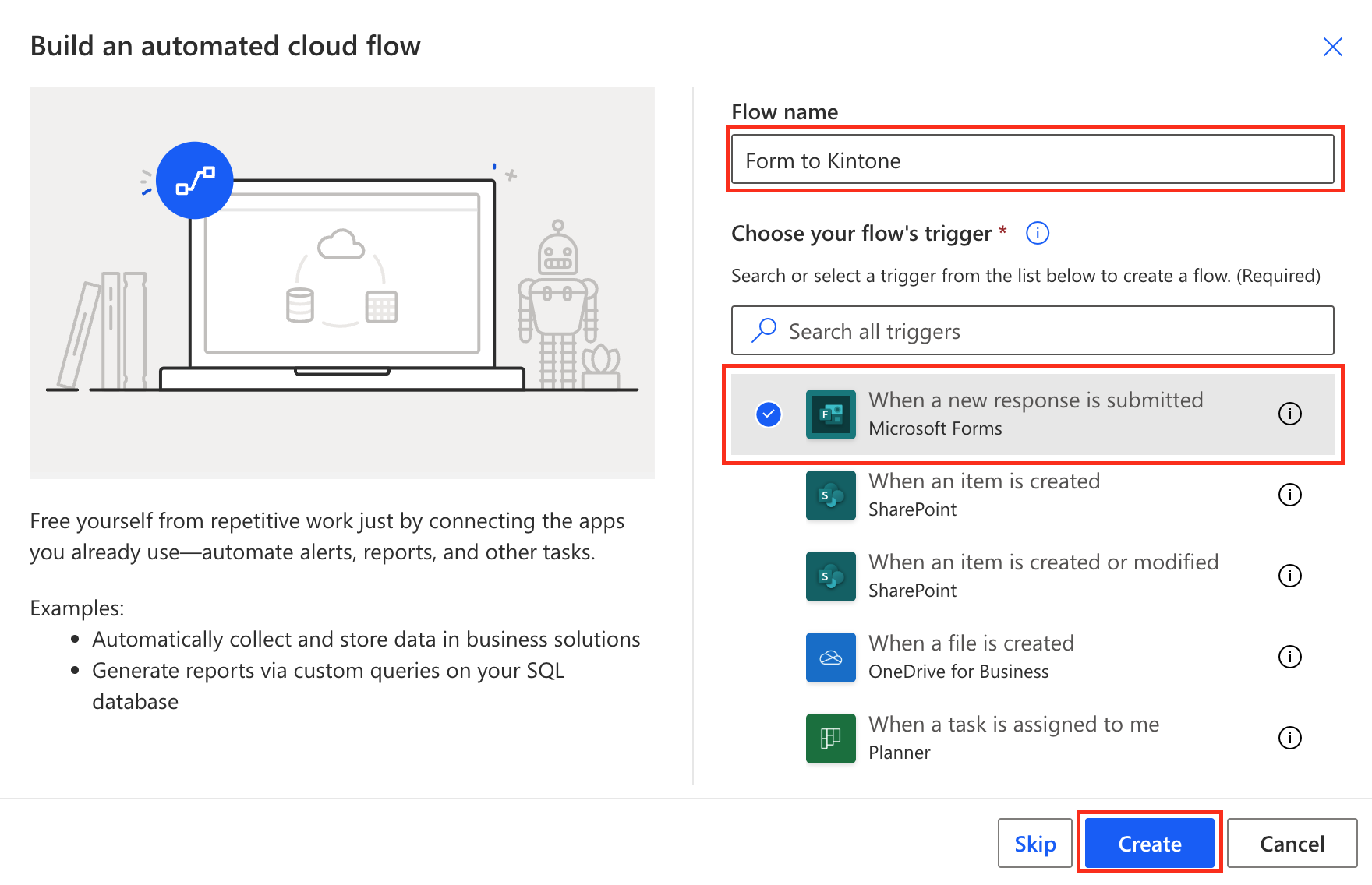 Screenshot: The automated cloud flow details.