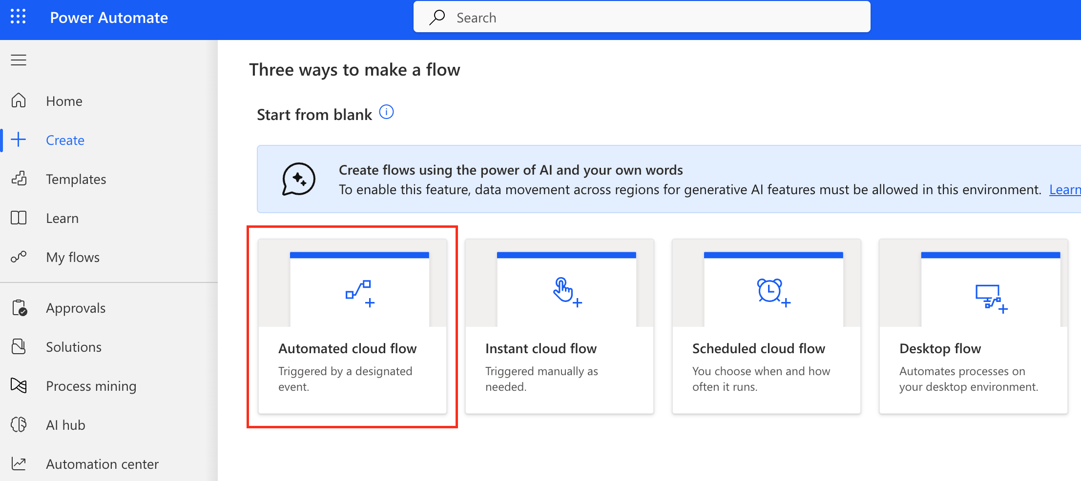 Screenshot: Create a flow from the Power Automate top page.