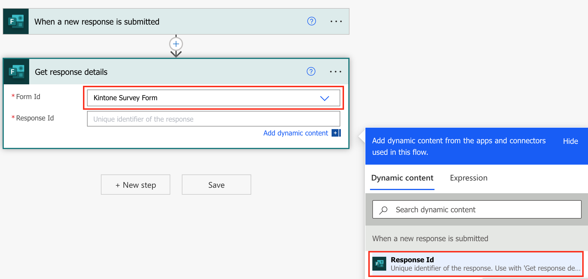 Screenshot: Set the created form in the 'Form Id' field and 'Response Id' in the 'Response Id' field.