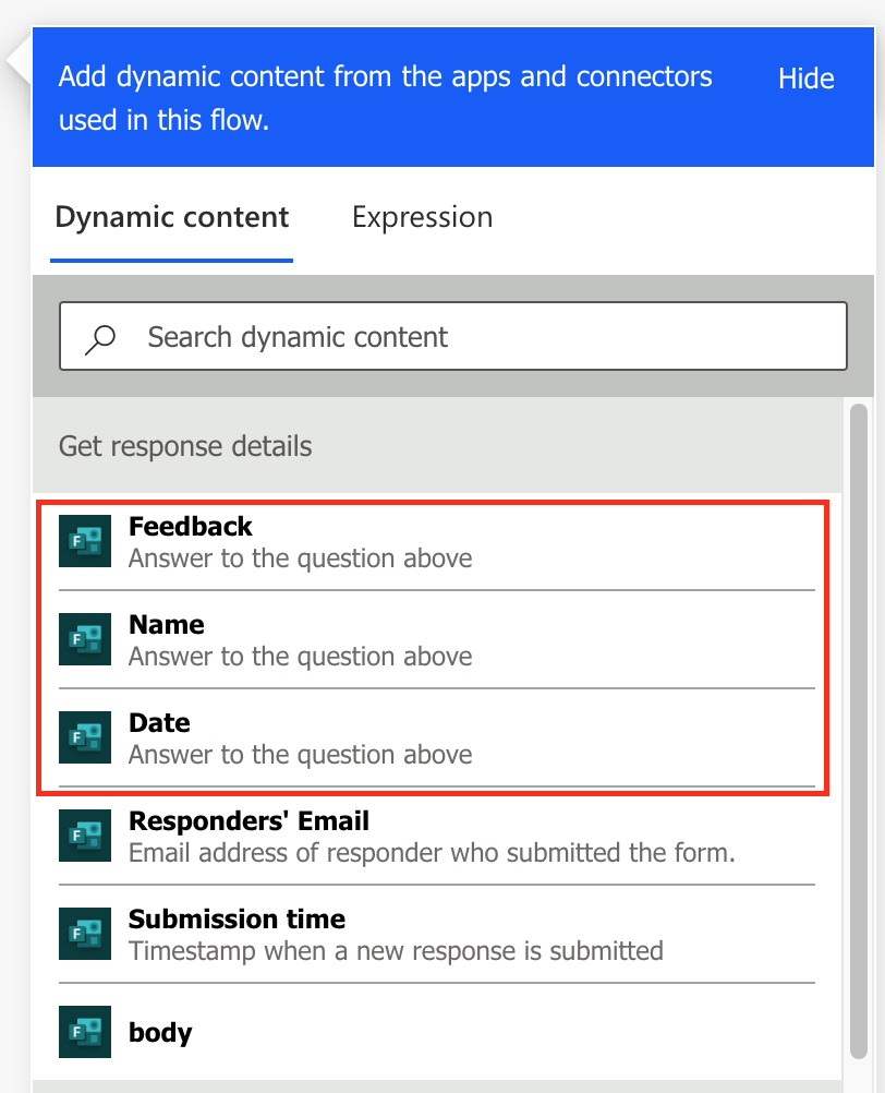 Screenshot: HTTP connector's Dynamic content.