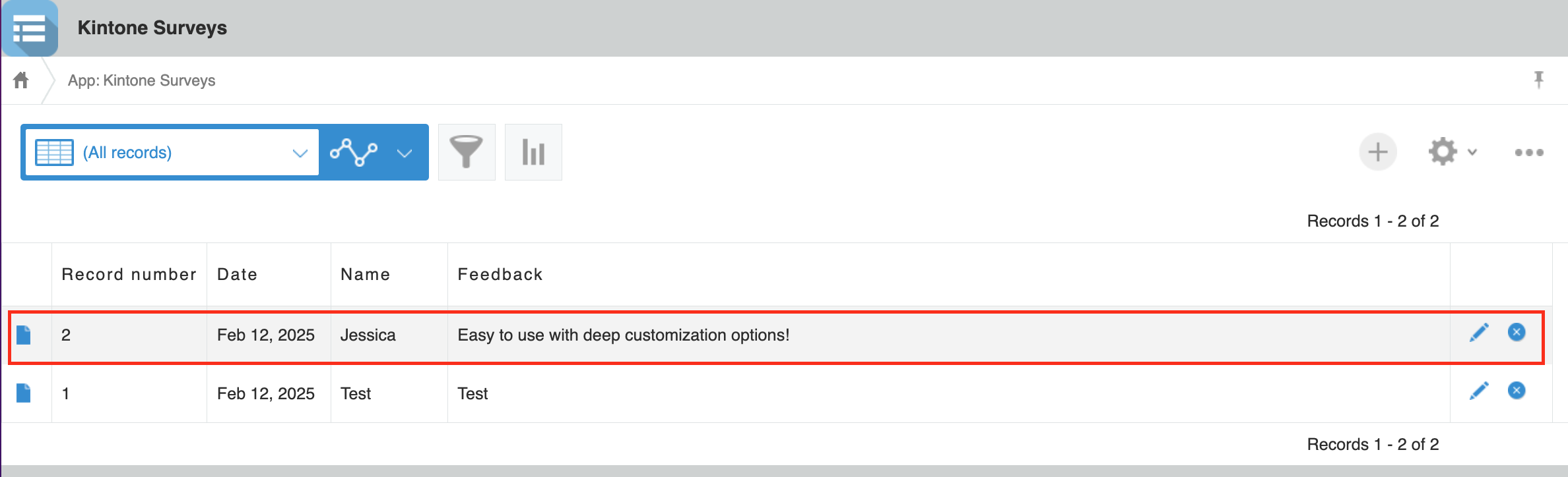 Screenshot: The Kintone App with the submitted response added as a new record.