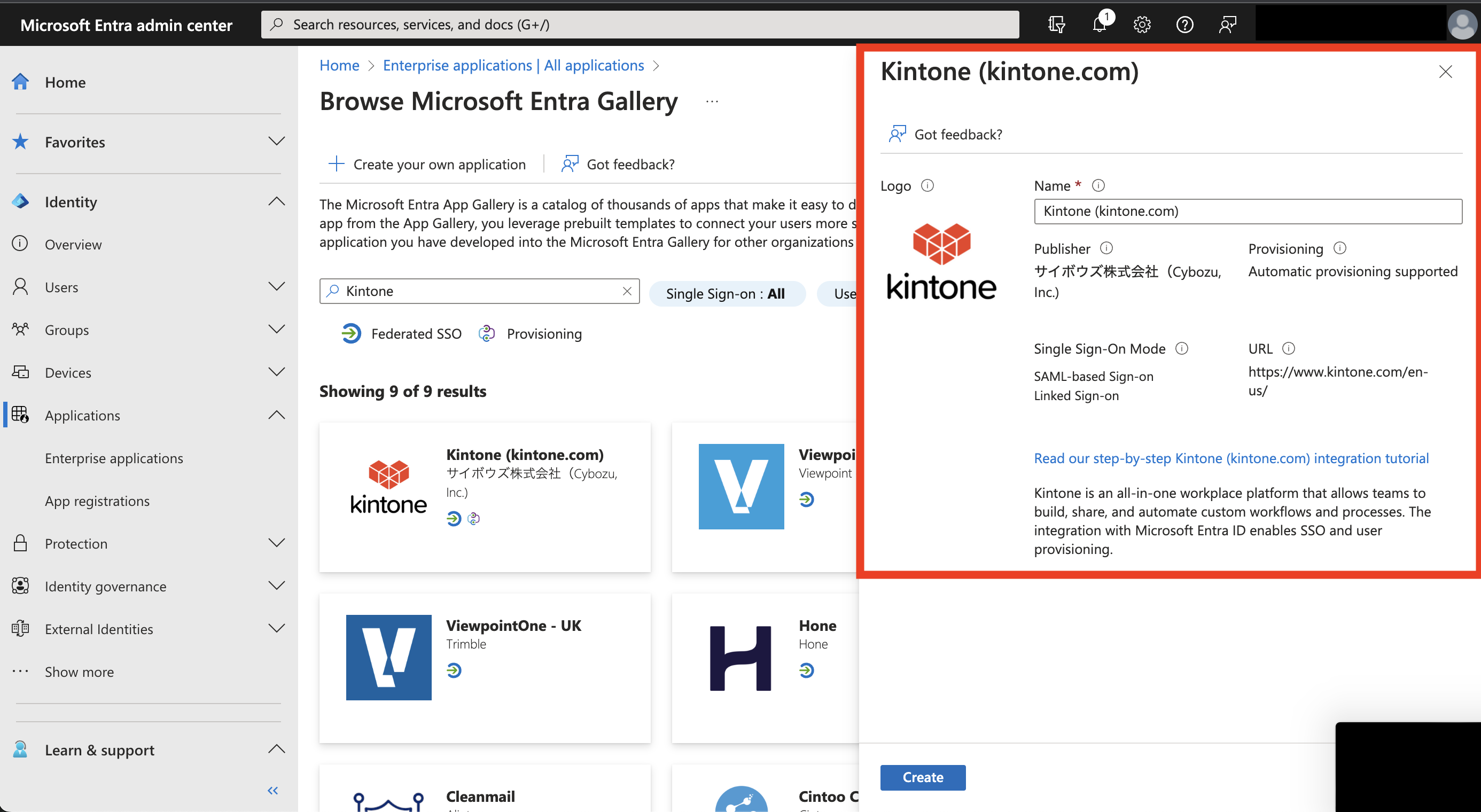 Screenshot: User selects Kintone on the Application Gallery page in Entra ID.