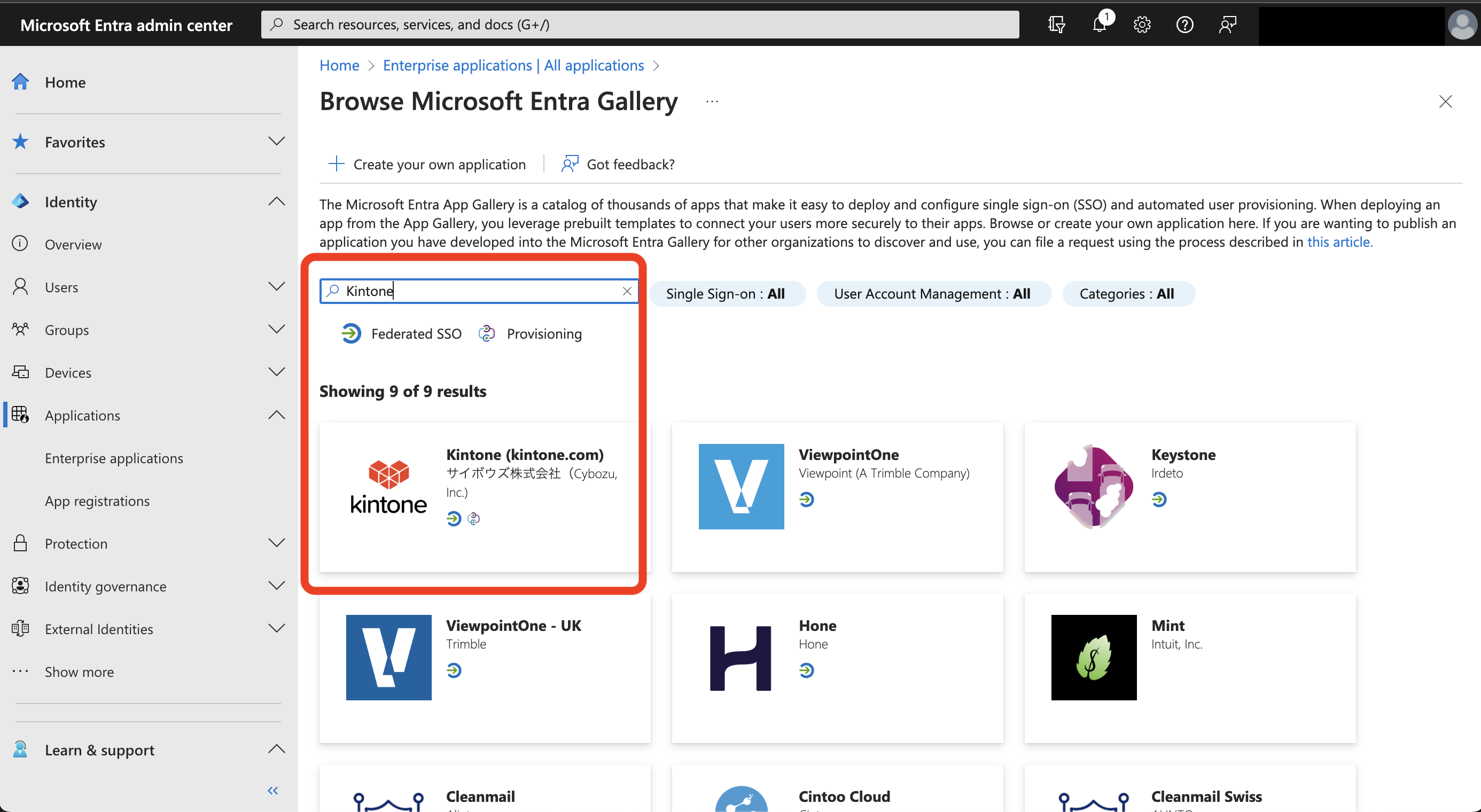 Screenshot: The Kintone integration listed on the Microsoft Entra Marketplace.