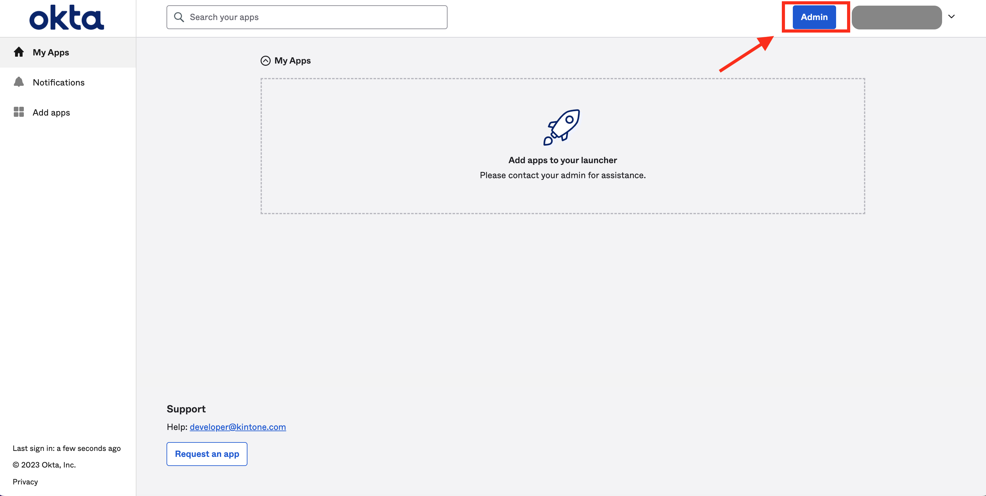 Screenshot: How to open Okta's Administrator Dashboard